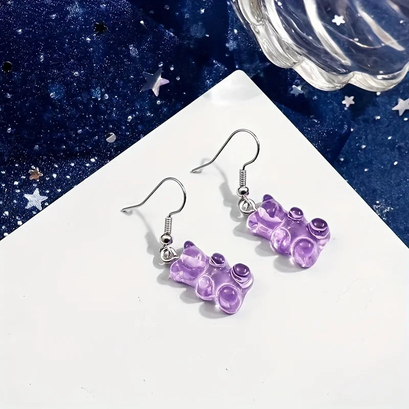 3 paires de boucles d'oreilles transparentes en résine colorée en forme d'ours