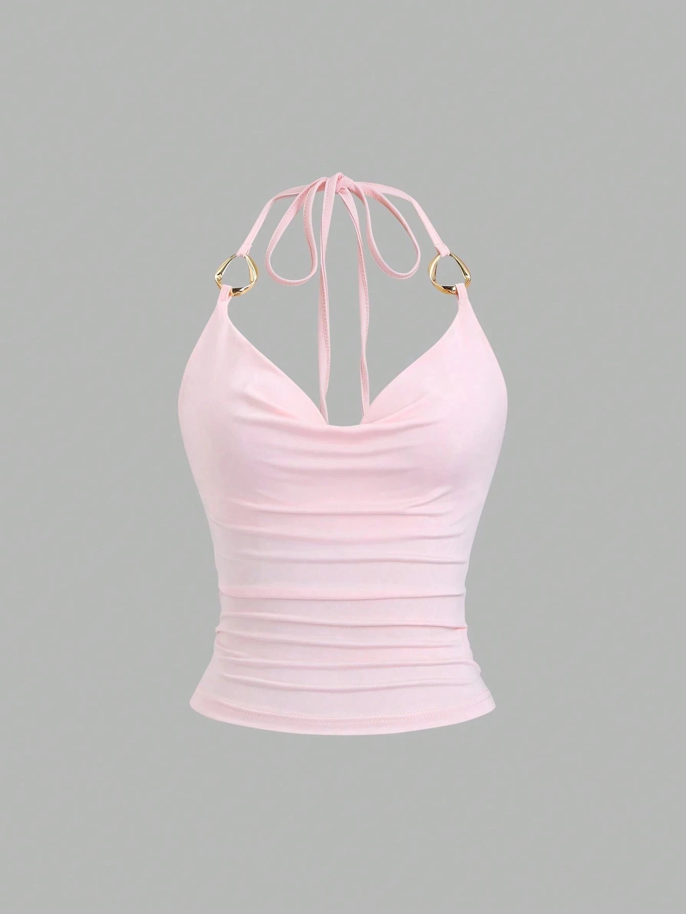 Women's Sexy Drape V-Neck Metal Decor Slim Fit Backless Halter Neck Cami Top Casual Solid Color Back Tie-Strap Crop Top 2026