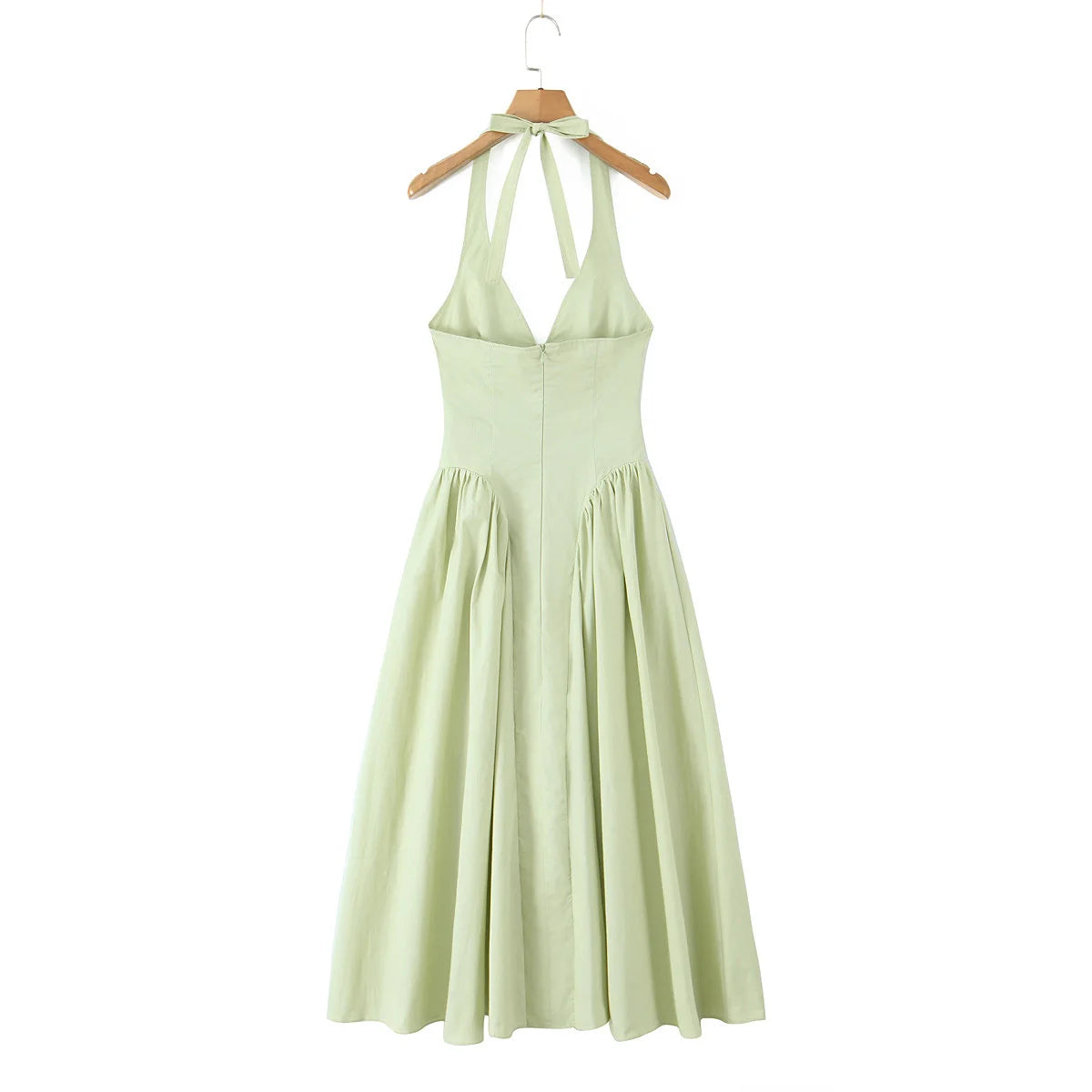 YENKYE Sexy Backless Green Elegant Halter Dress For Women Low Waist A-line Midi Summer Evening Party Dresses Cotton Robe