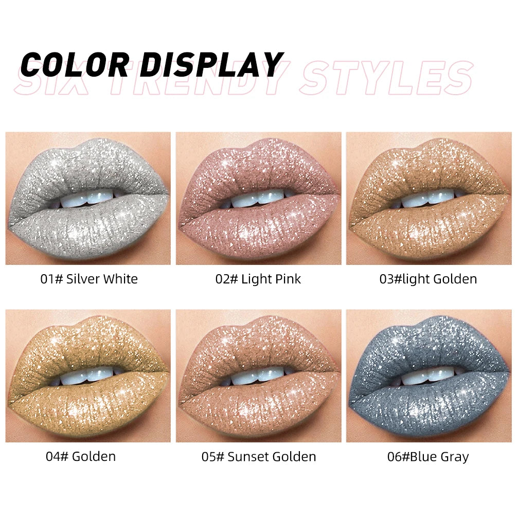 QIBEST shimmer lip gloss beauty girl diamond glitter lip tint waterproof long lasting 6 colors gray flash liquid lipstick makeup