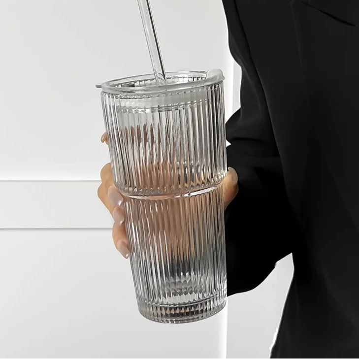 Tasse à Café en Verre Rayé 600 ml avec Couvercle