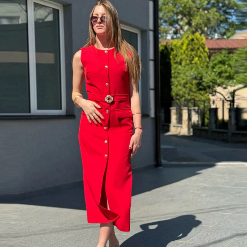 Robe Femme Élégante Sans Manches, Boutonnée avec Ceinture