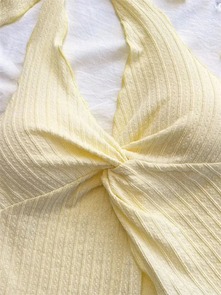 Yellow V-neck Halter Neck Top for Women Summer Y2K Clothes Sexy Sleeveless Backless Crop Top Streetwear