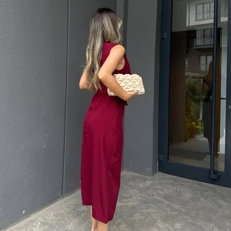 Robe Femme Élégante Sans Manches, Boutonnée avec Ceinture