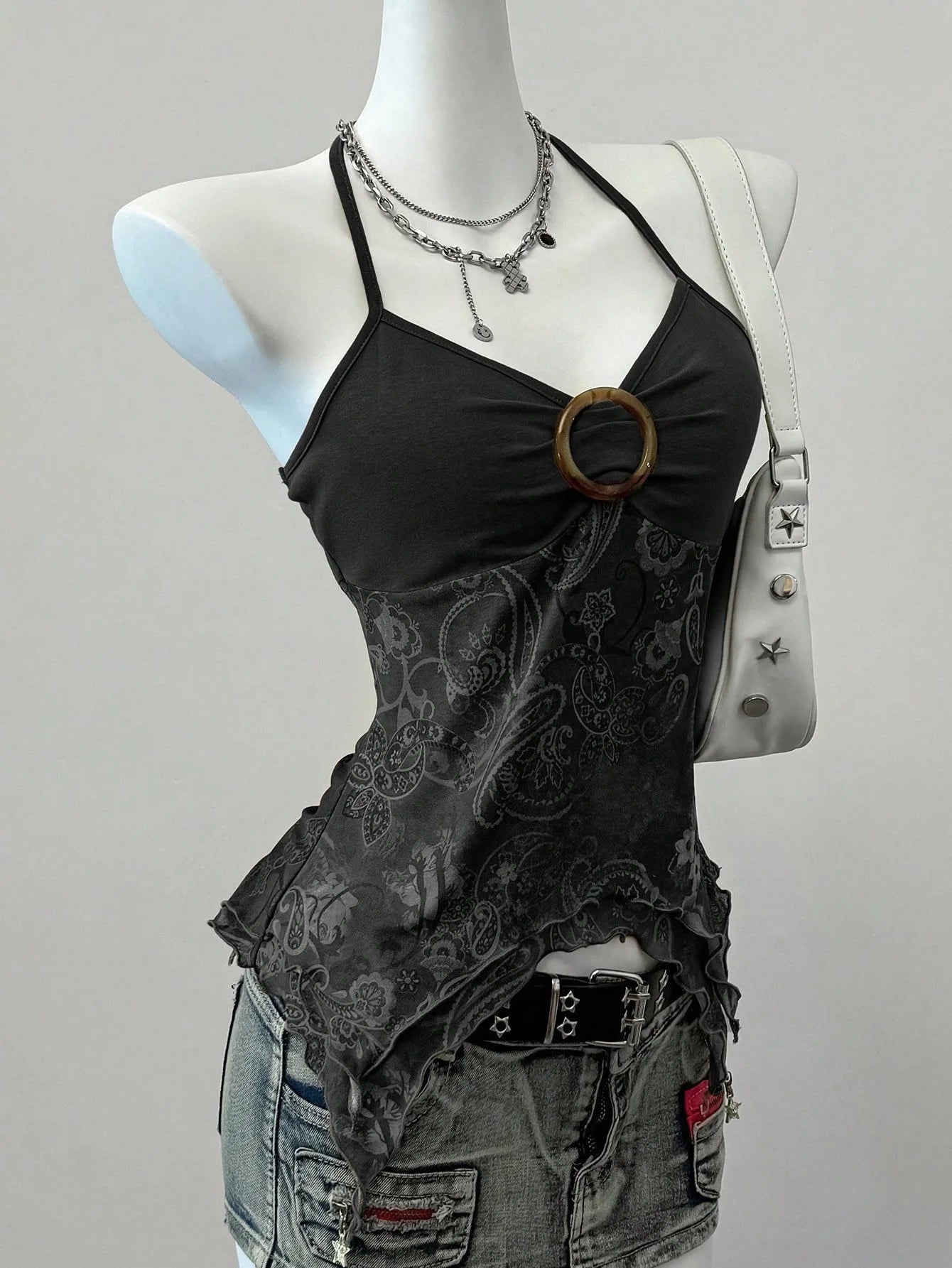 Sexy Spicy Girl Sleeveless Halter Tops Women's Printed Mesh Splice Slim Fit Backless Camisole Summer Fashion Elegant Crop Top