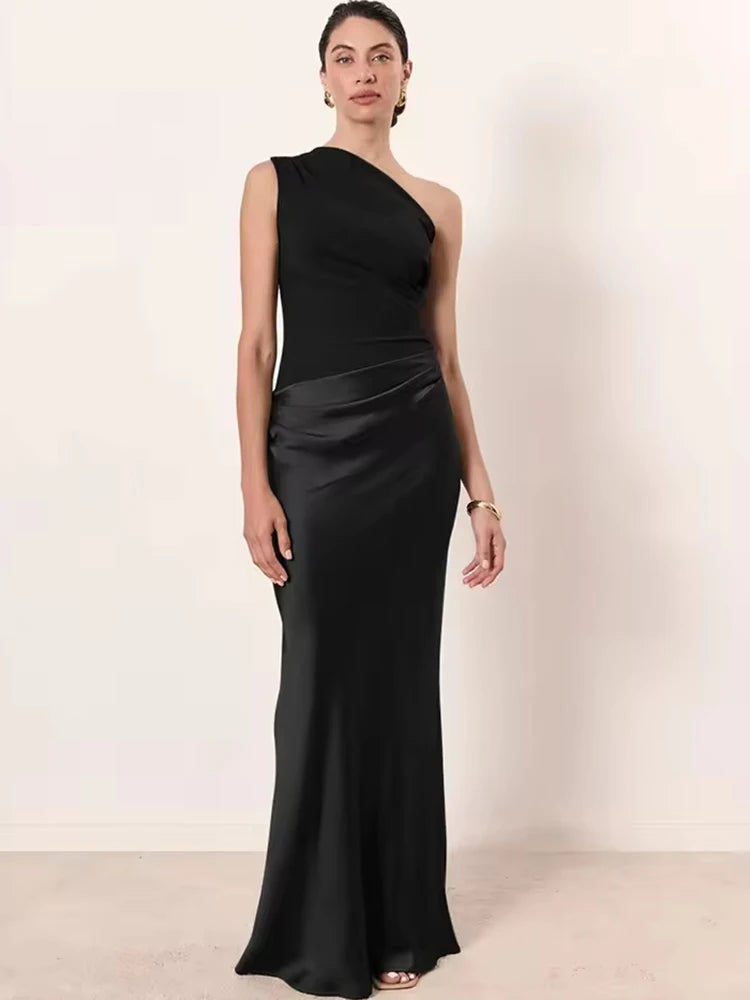 JULISSA MO Patchwork Satin Sexy One Shoulder Women Maxi Dress Brown Sleeveless Evening Dress Summer Slim Elegant Party Clubwear