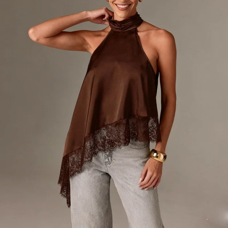 Top Halter à Col Montant Y2K pour Femme en Satin et Dentelle
