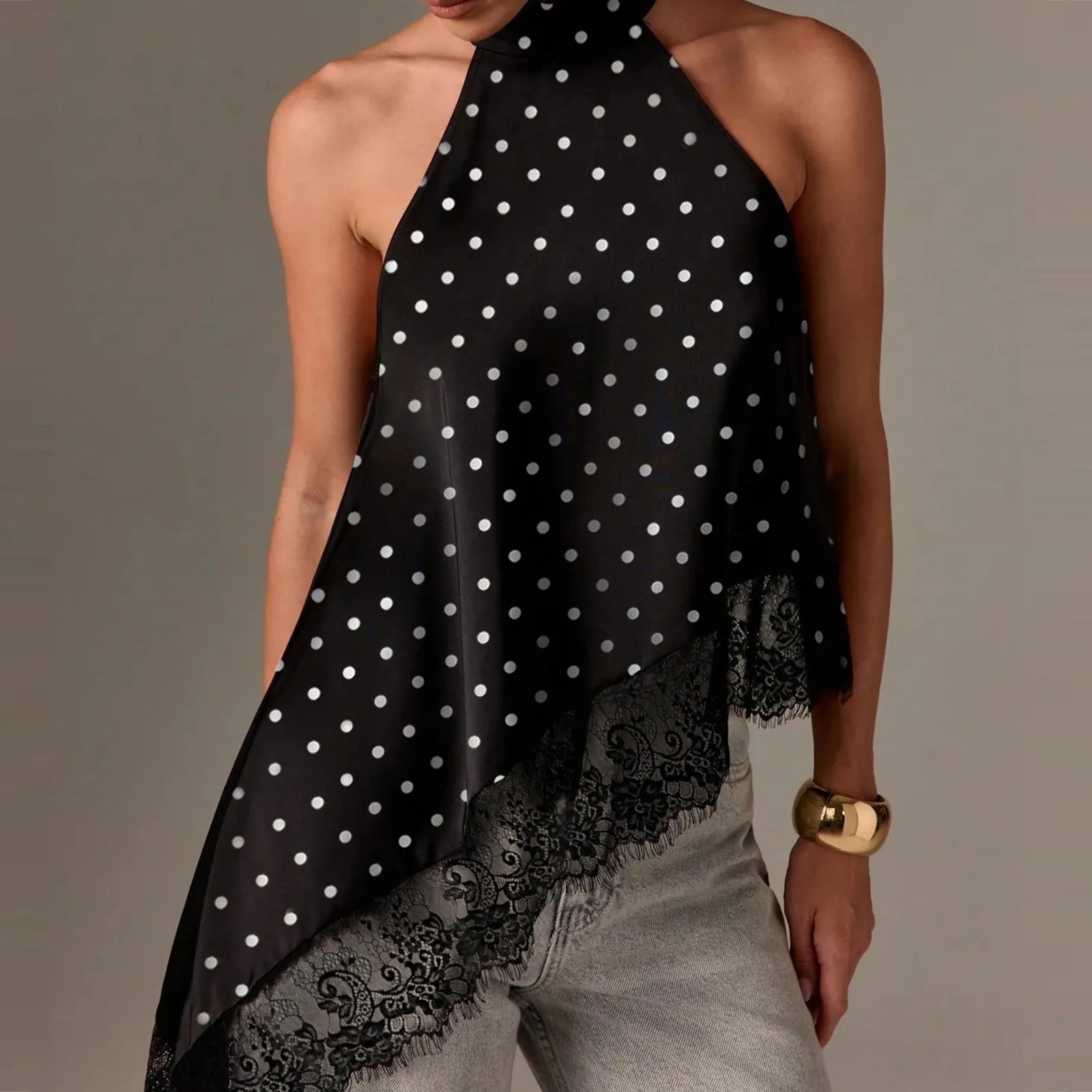 Top Halter à Col Montant Y2K pour Femme en Satin et Dentelle