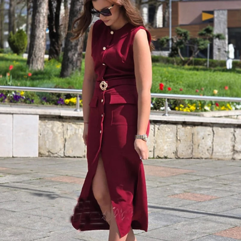 Robe Femme Élégante Sans Manches, Boutonnée avec Ceinture