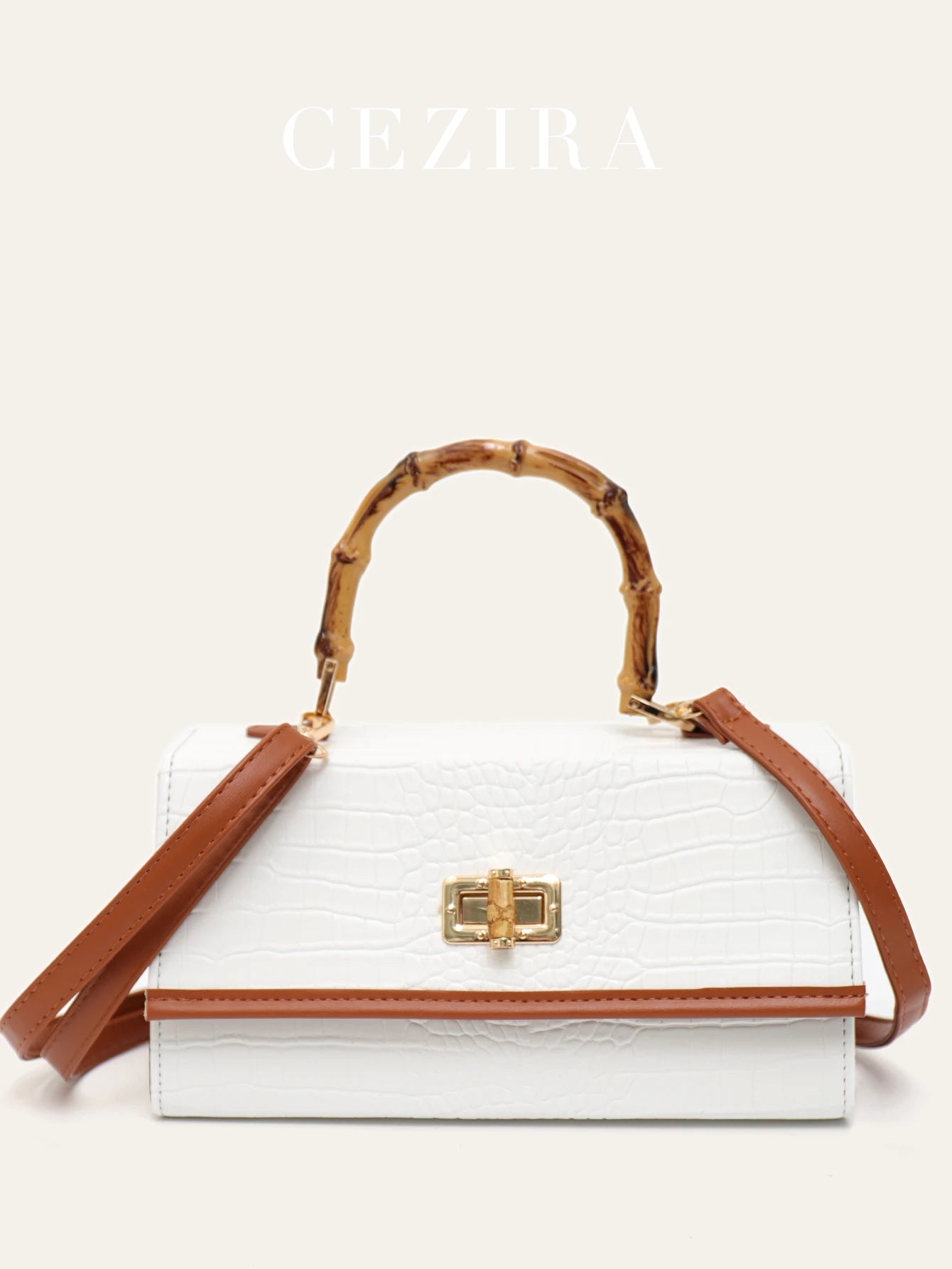 Leather handbag with bamboo handle