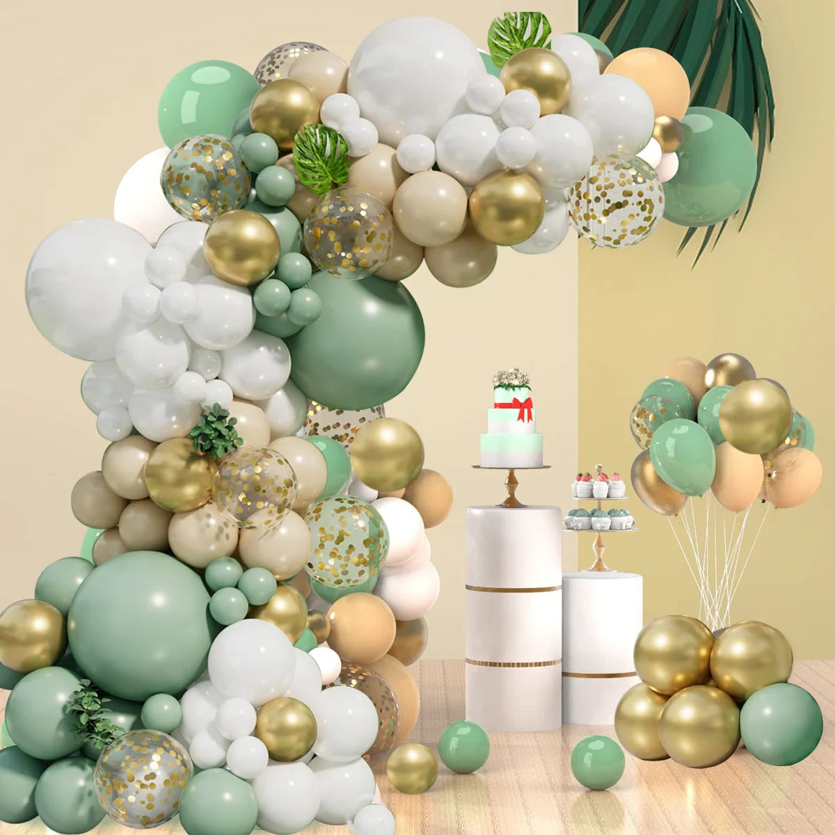 Arche ballon d'anniversaire vert, or et blanc