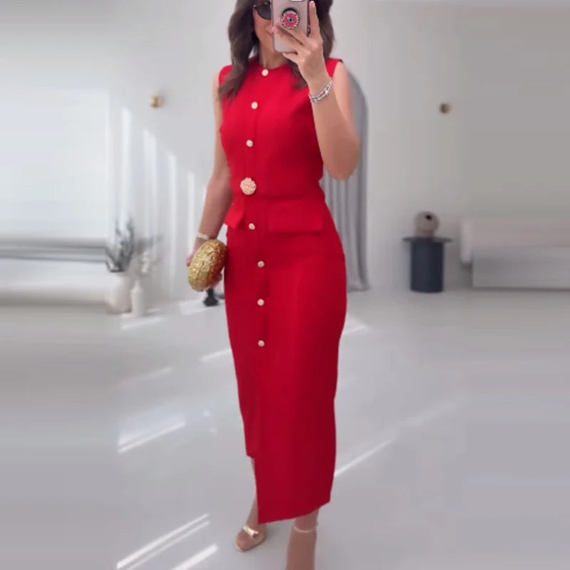 Robe Femme Élégante Sans Manches, Boutonnée avec Ceinture