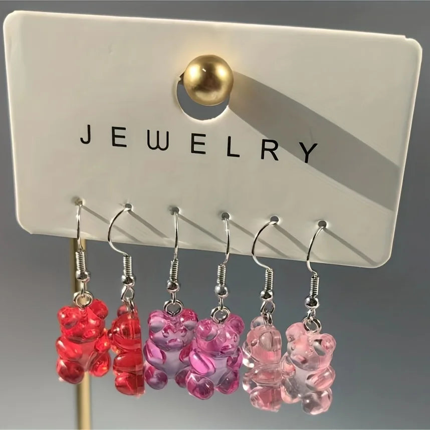 Set of 3 pairs of colorful transparent resin bear-shaped earrings, featuring a cute and playful design, perfect for adding a fun touch to any outfit. Ideal for those who love unique, whimsical accessories.