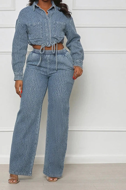 Two pieces in jeans wide pants and crop top jacket