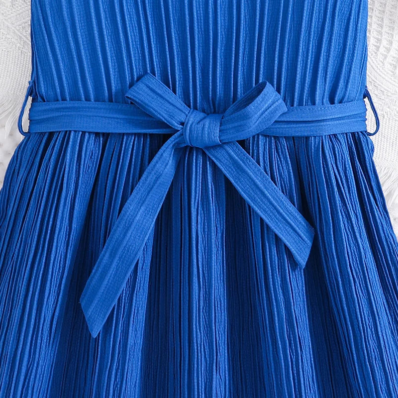 Blue backless summer dress with belt