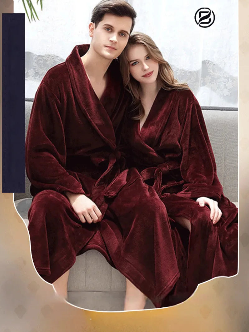 Coral velvet couple's comfortable winter bathrobe