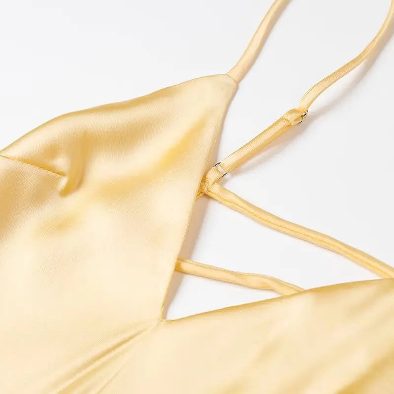 Robe Longue Satinée Jaune Femme