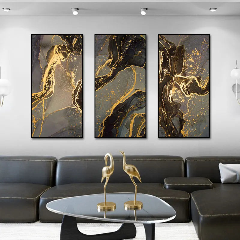 3 Panneaux Abstraits Peintures sur Toile Dorée - Grandes Tailles