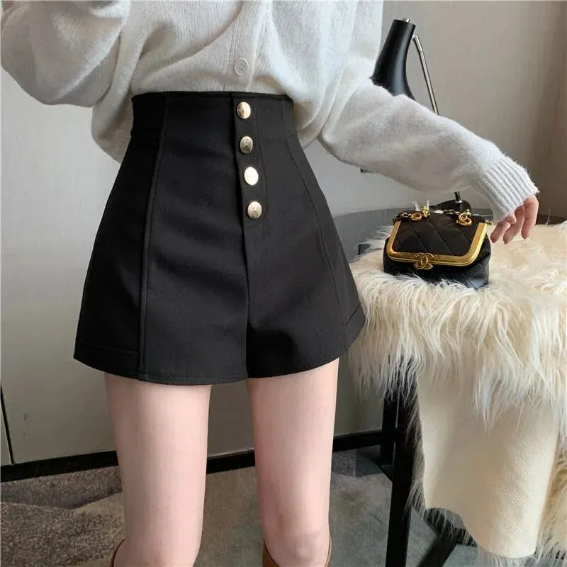 Autumn Winter Style Student Shorts Women Versatile Thickened Base High Waist Wide Leg A-crotch Pants Cotton Polyester Fabric