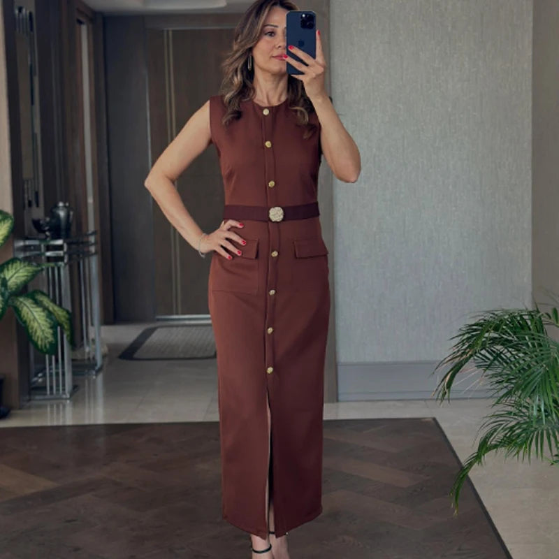 Robe Femme Élégante Sans Manches, Boutonnée avec Ceinture