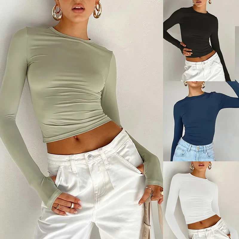 Crop Top Femme Slim Fit à Manches Longues