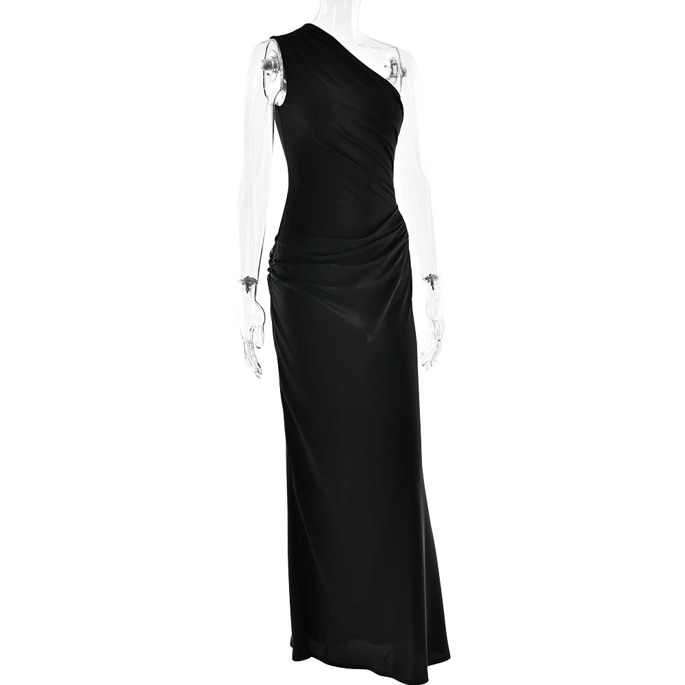 JULISSA MO Patchwork Satin Sexy One Shoulder Women Maxi Dress Brown Sleeveless Evening Dress Summer Slim Elegant Party Clubwear