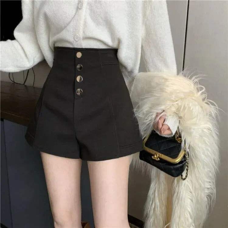 Autumn Winter Style Student Shorts Women Versatile Thickened Base High Waist Wide Leg A-crotch Pants Cotton Polyester Fabric