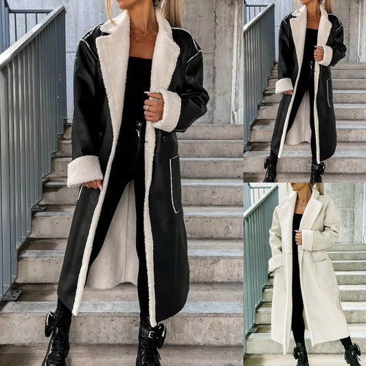 Trench Coat Luxe en Faux Cuir avec Doublure en Peluche pour Femme