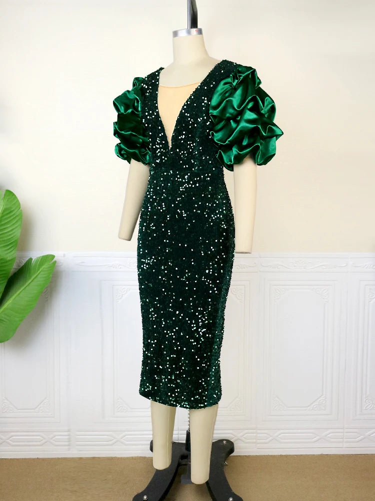 V-neck sequin dress with puff sleeves