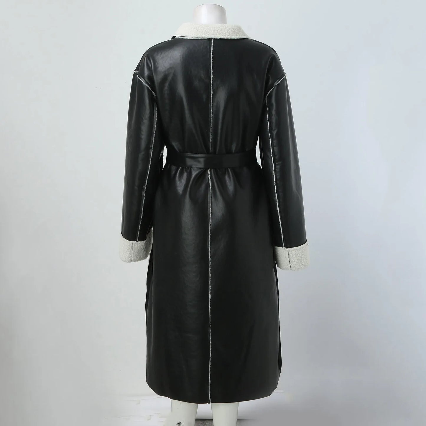 Trench Coat Luxe en Faux Cuir avec Doublure en Peluche pour Femme