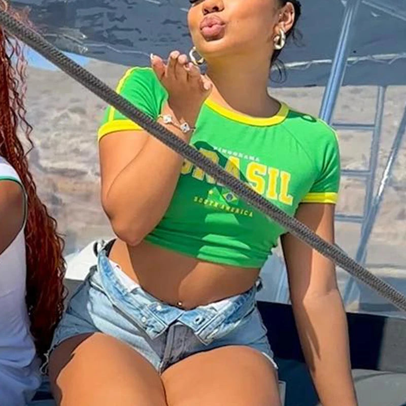 Crop Top Vert avec Imprimé "Brésil"