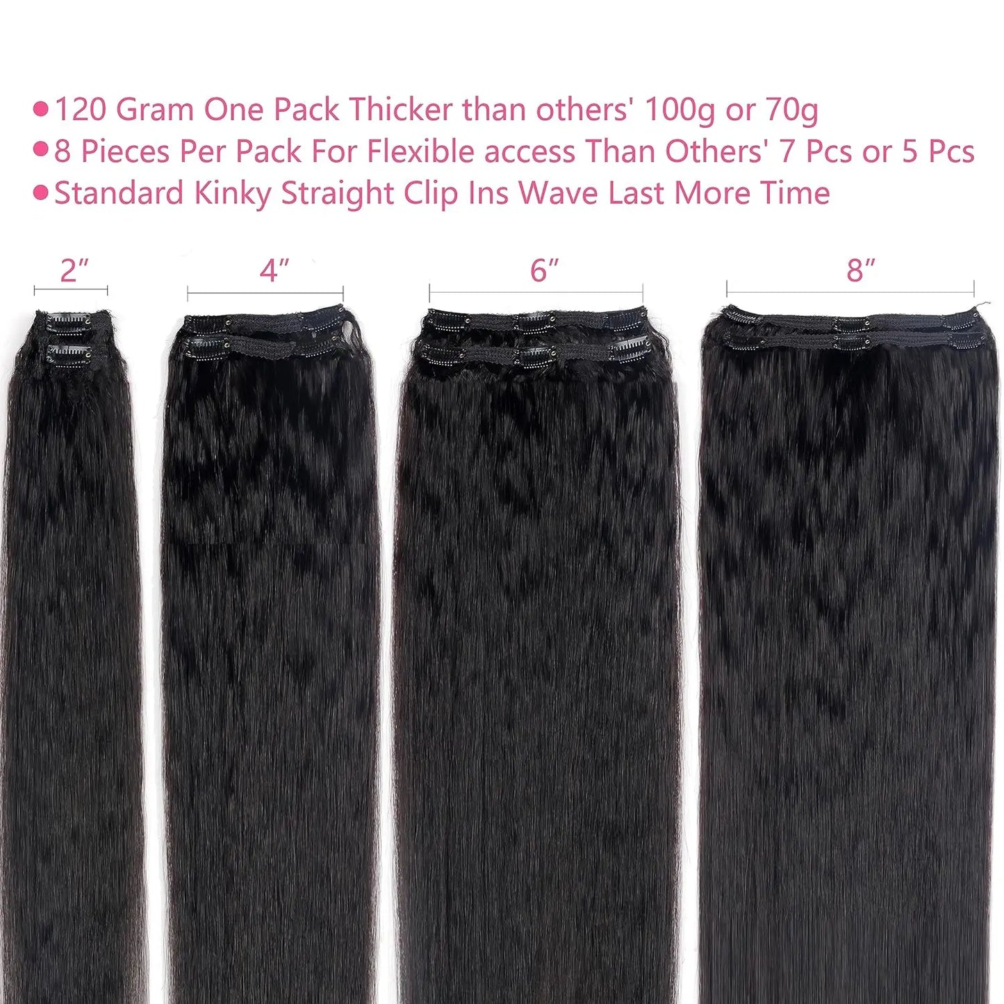 Kinky Straight Clip In Hair Extensions Real Human Hair Natural Black 120g Full Head Clip ins Seamless Kinky Straight Clip on 1B