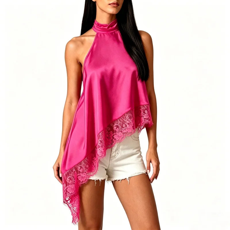 Top Halter à Col Montant Y2K pour Femme en Satin et Dentelle