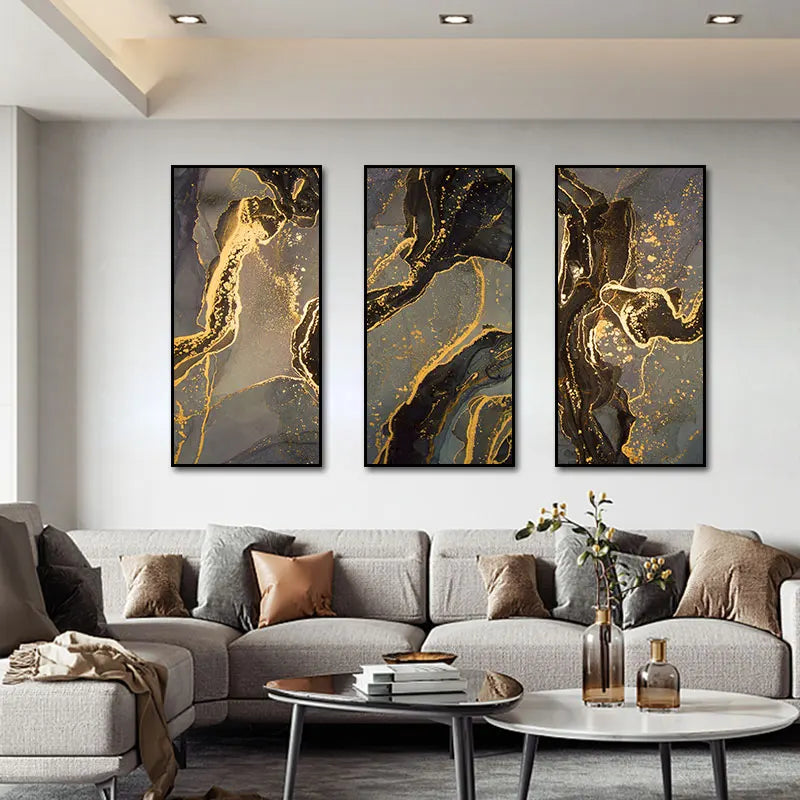 3 Panneaux Abstraits Peintures sur Toile Dorée - Grandes Tailles