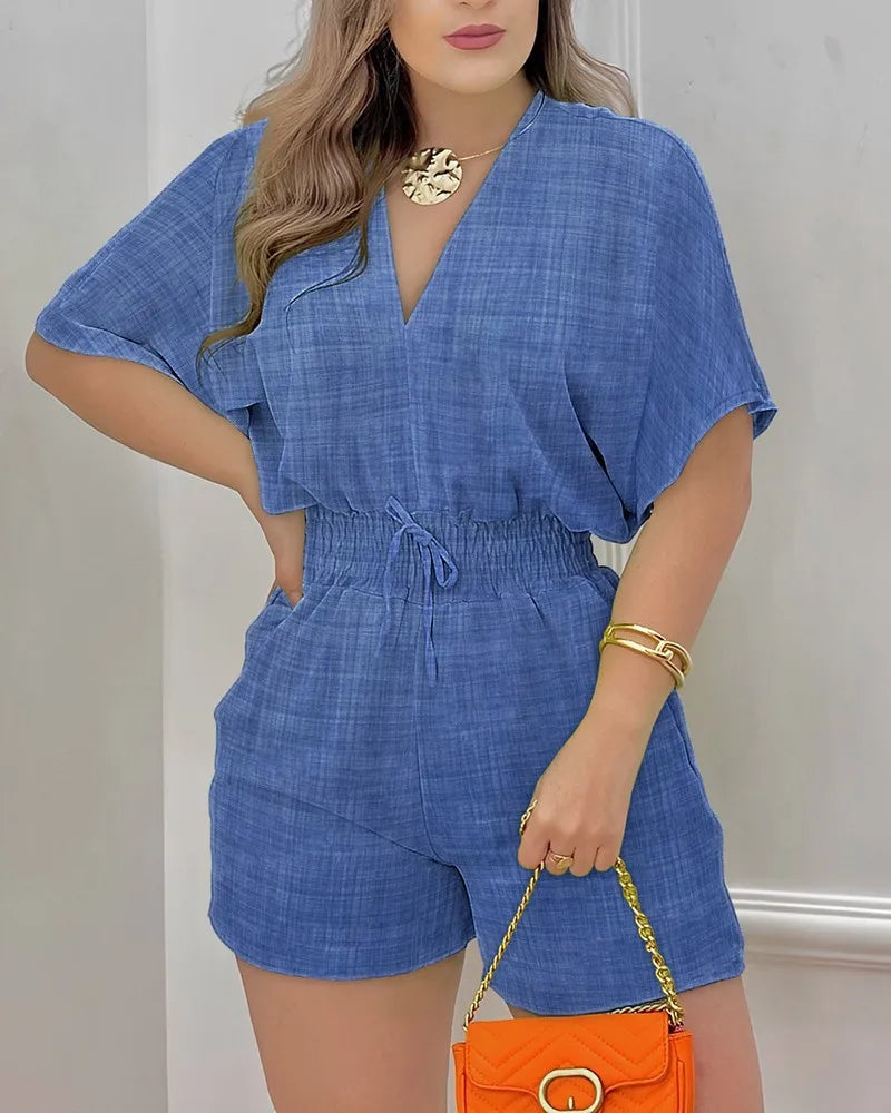 Women Fashion V Neck Short Sleeve Short Waist Jumpsuit