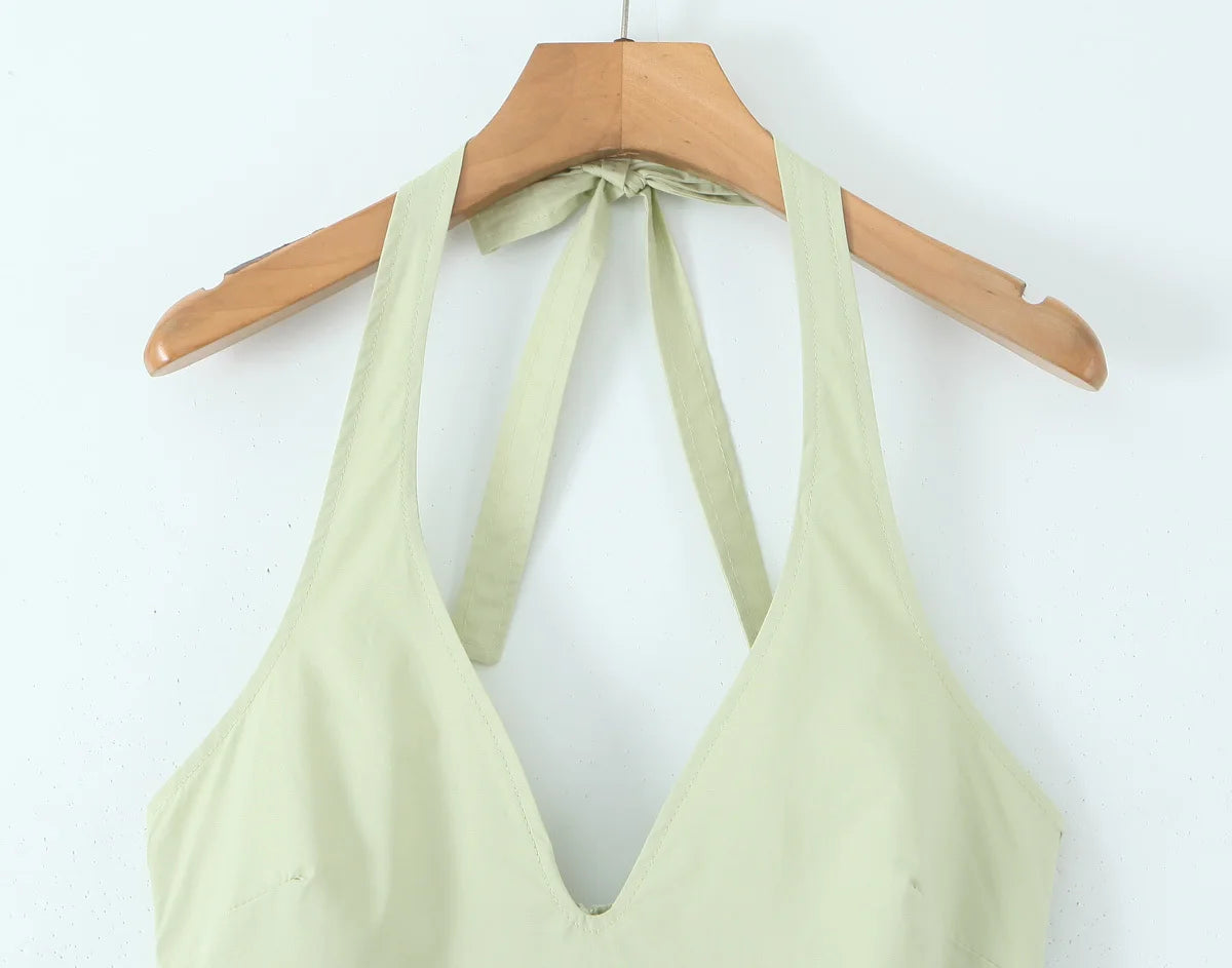 YENKYE Sexy Backless Green Elegant Halter Dress For Women Low Waist A-line Midi Summer Evening Party Dresses Cotton Robe