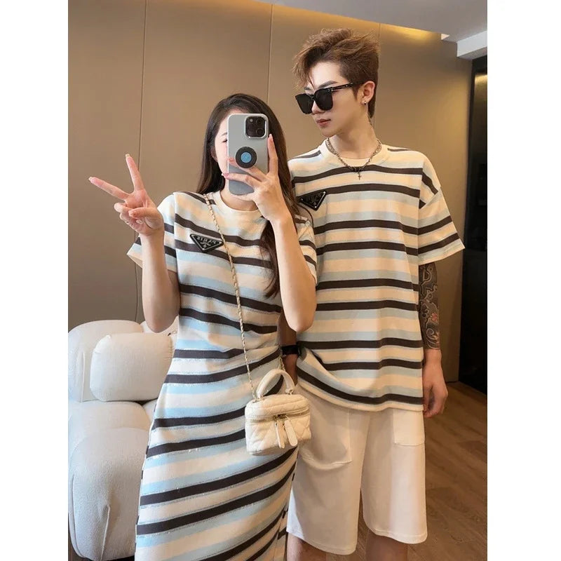 Dad Mom and Baby Matching Striped Clothes Mother and Daughter Equal Dresses Father and Son Clothing Korean Children Outfits Set