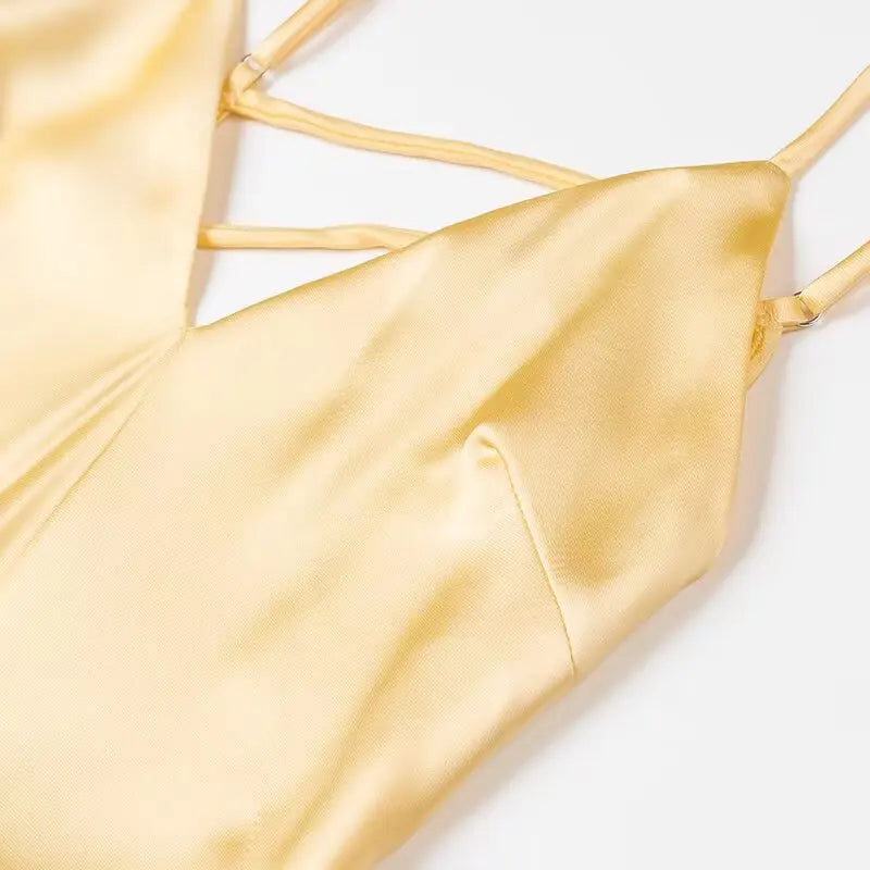 Robe Longue Satinée Jaune Femme
