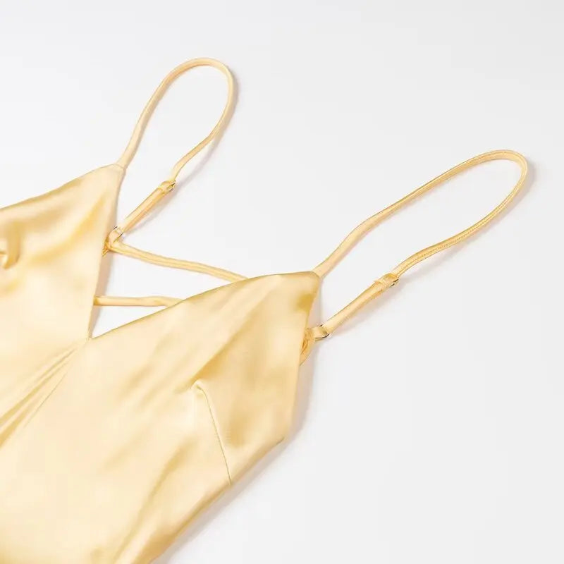 Robe Longue Satinée Jaune Femme
