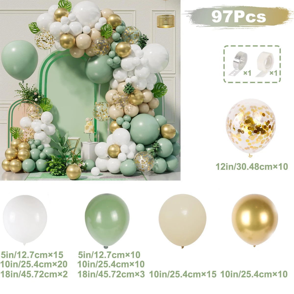 Arche ballon d'anniversaire vert, or et blanc