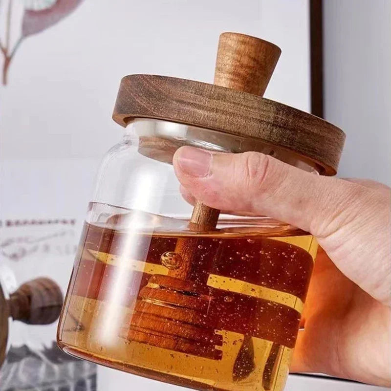 Pot de Miel en Verre avec Couvercle en Bois et Bâtonnet de Trempage