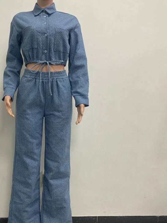 Two pieces in jeans wide pants and crop top jacket