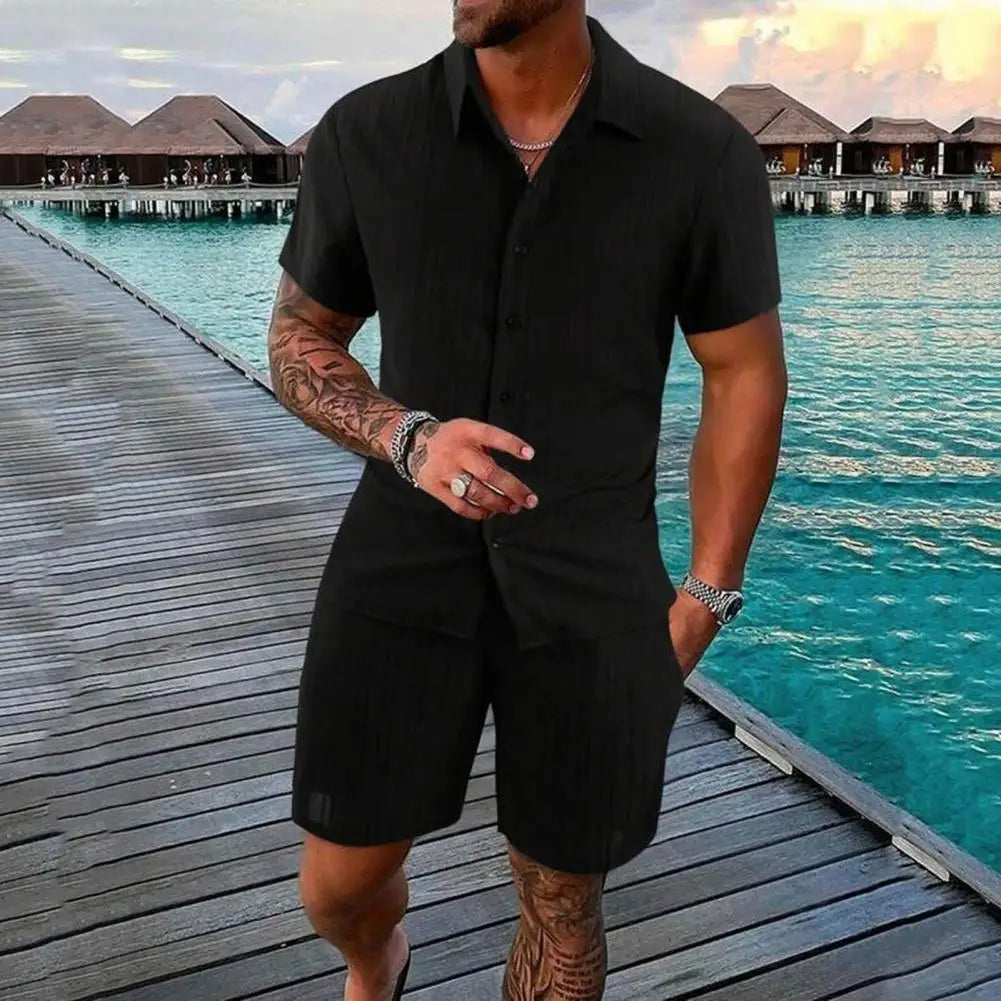 Men Casual Shirt Shorts Set Men's Casual Lapel Shirt Drawstring Waist Shorts Set for A Stylish Comfortable Outfit Summer