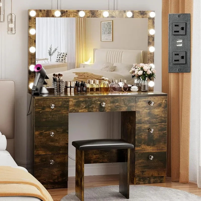 Bureau de maquillage avec prise de courant et 7 tiroirs, miroir avec 3 modes d'éclairage couleur, luminosité réglable