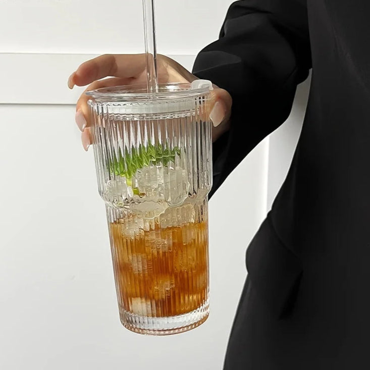 Tasse à Café en Verre Rayé 600 ml avec Couvercle