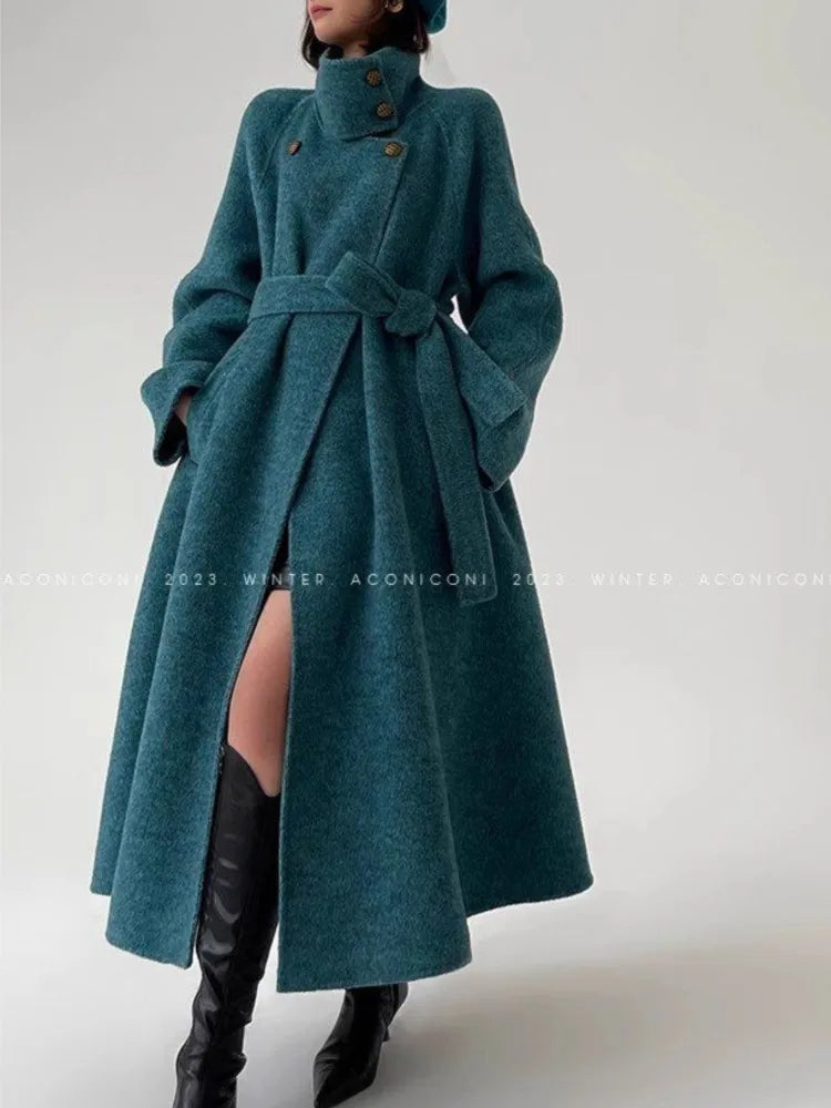 Long Blue Wool Coat with Stand-Up Collar