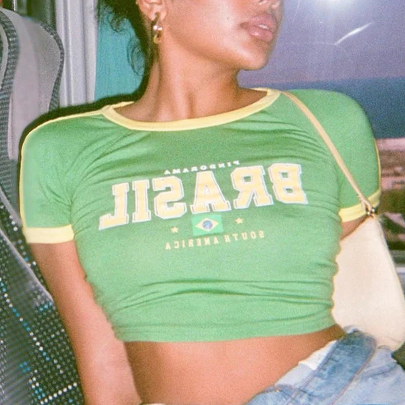 Crop Top Vert avec Imprimé "Brésil"