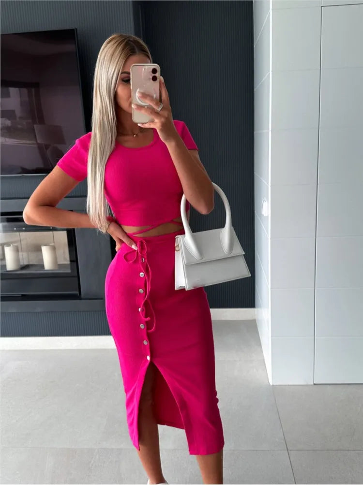 Summer Suit New Solid Color Short-sleeved Round Neck Top Button Exposed Navel Hip Mid-length Skirt Casual Two-piece Set Y2k