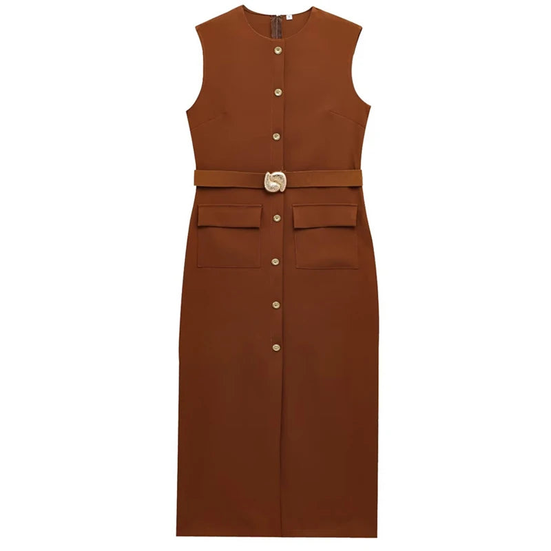 Robe Femme Élégante Sans Manches, Boutonnée avec Ceinture