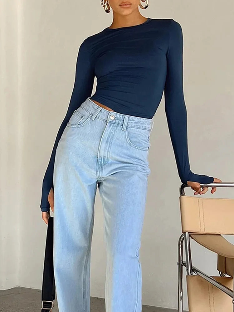 Crop Top Femme Slim Fit à Manches Longues